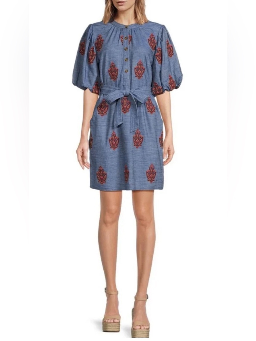 A Loves A Embroidered Chambray Puff-Sleeves Mini Dress Tie Waist 
Sze L 100% Ctn